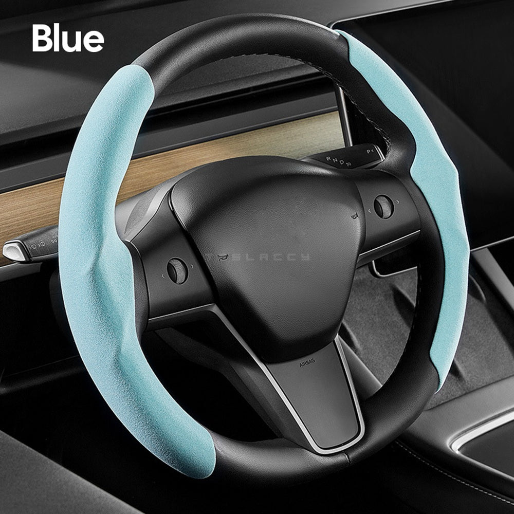 Car Steering Wheel Cover for Tesla Model 3 Y Carbon Fiber Suede Leather Anti-fur Non-Slip Auto Booster Anti-skid Breathable