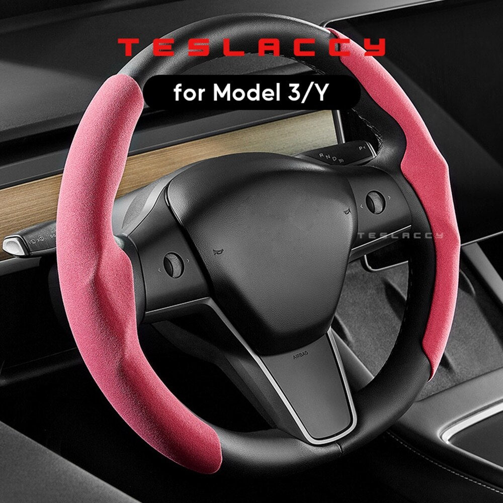 Car Steering Wheel Cover for Tesla Model 3 Y Carbon Fiber Suede Leather Anti-fur Non-Slip Auto Booster Anti-skid Breathable